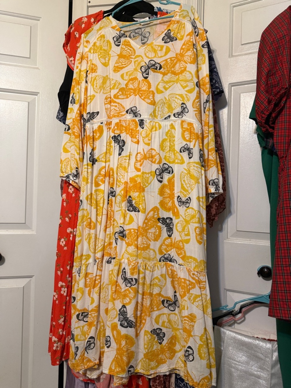 Butterfly-Print Cream Maxi Dress with Yellow & Black Accents